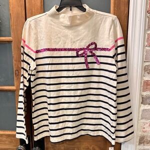 Talbots Striped Mock Neck Top Women Petite Large Ivory Black Sequin Bow NWT